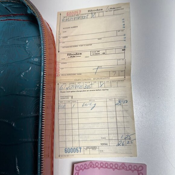 Vintage Wig Box or Hat Box Tall Mod 60s Art Deco + Wig Vintage Receipt - Picture 6 of 12